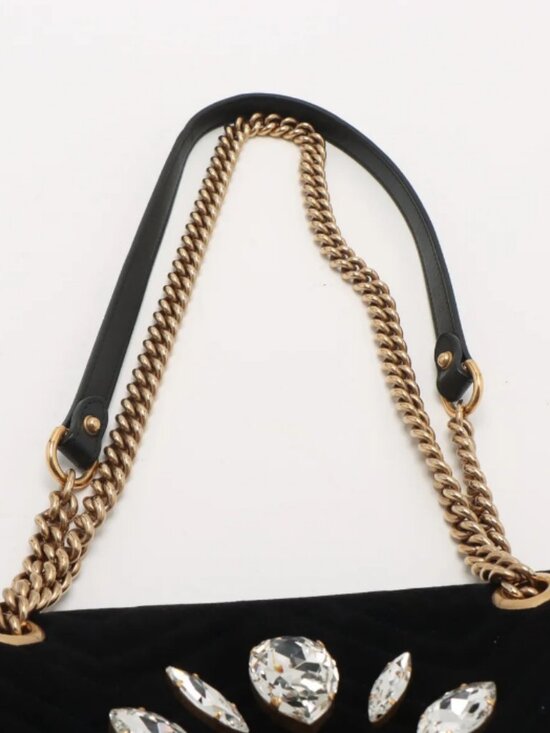 Gucci GG Marmont Crystals Velour x Bijou Chain Shoulder Bag Black - Picture 6 of 14